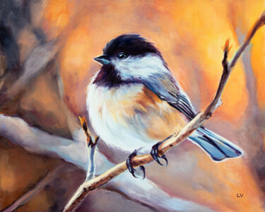 Painting titled "Chickadee bird port…" by Lucia Verdejo, Original Artwork, Oil Mounted on Wood Panel