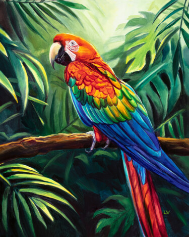 Ζωγραφική με τίτλο "Scarlet macaw parro…" από Lucia Verdejo, Αυθεντικά έργα τέχνης, Λάδι Τοποθετήθηκε στο Ξύλινο πάνελ