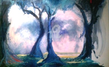 Malerei mit dem Titel "Arbres rose et bleu" von Luciana La Marca, Original-Kunstwerk, Öl