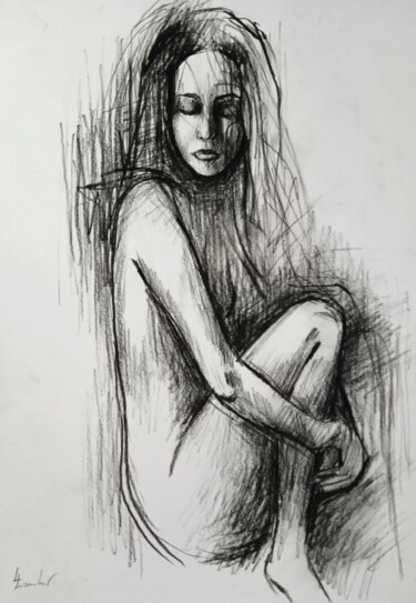 Drawing titled "Modern Madonna" by Luciano Lombardi, Original Artwork, Charcoal