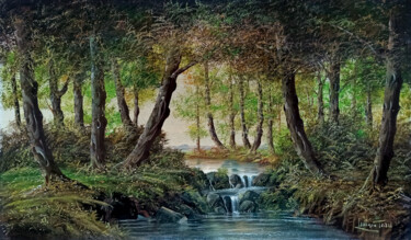 Painting titled "Glade with waterfal…" by Luciano Torsi, Original Artwork, Oil Mounted on Wood Stretcher frame