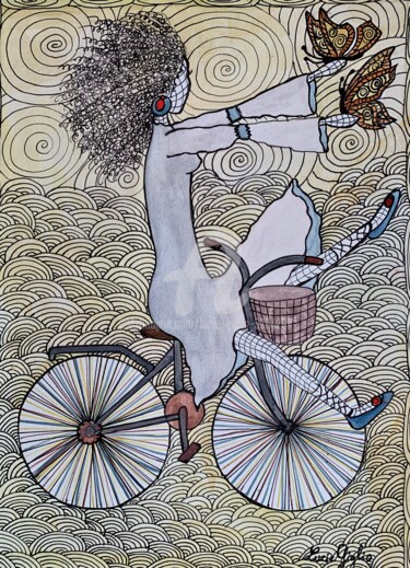 Рисунок под названием "A bicyclette !" - Lucie Giglio, Подлинное произведение искусства, Акварель