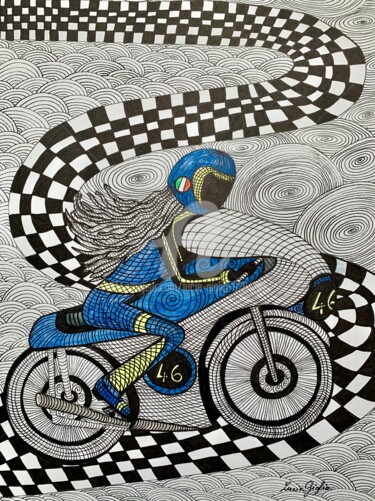 Рисунок под названием "La femme à la moto" - Lucie Giglio, Подлинное произведение искусства, Акварель