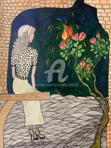 「L’oiseau offrant un…」というタイトルの描画 Lucie Giglioによって, オリジナルのアートワーク, 水彩画