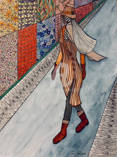Disegno intitolato "Je marche seule" da Lucie Giglio, Opera d'arte originale, Acquarello
