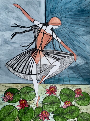 Рисунок под названием "Danseuse des lotus" - Lucie Giglio, Подлинное произведение искусства, Акварель