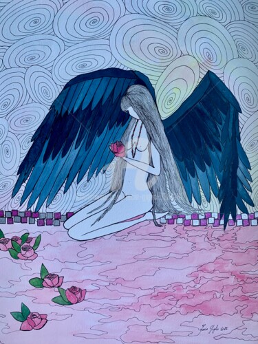 Рисунок под названием "L’ Ange à l’aile br…" - Lucie Giglio, Подлинное произведение искусства, Акварель