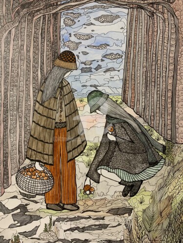 Desenho intitulada "La cueillette de cè…" por Lucie Giglio, Obras de arte originais, Aquarela