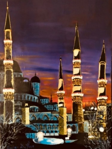 Painting titled "J27. Mosquée Bleue…" by Lucien Dufour, Original Artwork, Oil Mounted on Wood Stretcher frame