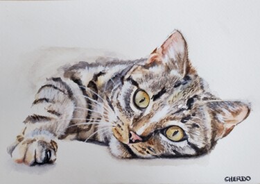 Painting titled "Cat I" by Lucile Cherdo, Original Artwork, Watercolor