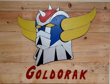 제목이 "Goldorak Go"인 조형물 Ludovic Latreille로, 원작, 나무 나무 들것 프레임에 장착됨