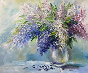 Malarstwo zatytułowany „Blooming Lilac” autorstwa Ludmila Gorbunova, Oryginalna praca, Olej Zamontowany na Drewniana rama no…
