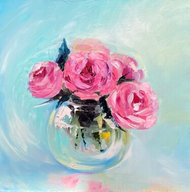 Painting titled "China Rose" by Ludmila Gorbunova, Original Artwork, Oil Mounted on Wood Stretcher frame