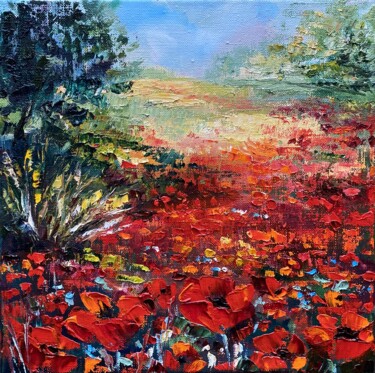 Painting titled "Poppies Field" by Ludmila Gorbunova, Original Artwork, Oil Mounted on Wood Stretcher frame