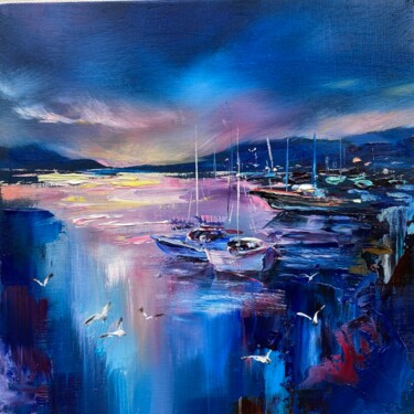 Painting titled "At Harbor" by Ludmila Gorbunova, Original Artwork, Oil Mounted on Wood Panel