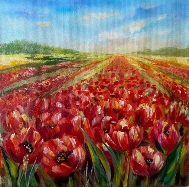 Painting titled "Scarlet Tulips" by Ludmila Gorbunova, Original Artwork, Oil