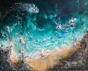 Painting titled "Coastal Symphony" by Ludmila Gorbunova, Original Artwork, Oil Mounted on Wood Stretcher frame