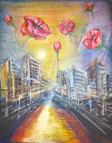 Painting titled "Маки над містом" by Ludmila Toryanik, Original Artwork, Pastel