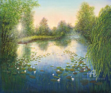 Painting titled "Pond with water lil…" by Ludmilla Ukrow, Original Artwork, Oil