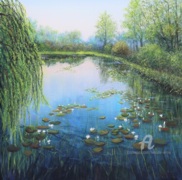 Malarstwo zatytułowany „Pond with water lil…” autorstwa Ludmilla Ukrow, Oryginalna praca, Olej