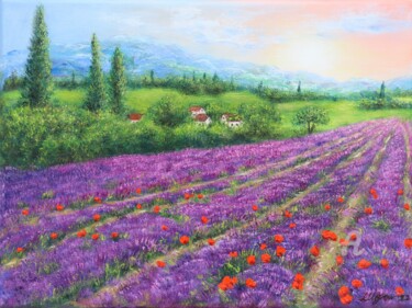 Schilderij getiteld "Purple lavender fie…" door Ludmilla Ukrow, Origineel Kunstwerk, Olie