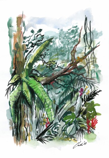 Schilderij getiteld "in-jungle" door Ludo Sevcik, Origineel Kunstwerk, Aquarel