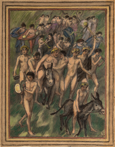 「Train des bacchanal…」というタイトルの描画 Ludwig Von Hofmannによって, オリジナルのアートワーク, チョーク