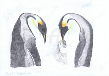 Drawing titled "Pinguin Familie" by Luethi Alias Abdelghafar, Original Artwork, Conté