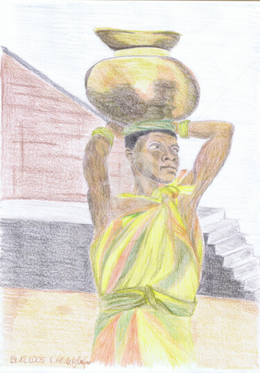 Zeichnungen mit dem Titel "Afrikanerin" von Luethi Alias Abdelghafar, Original-Kunstwerk, Conté-Buntstifte