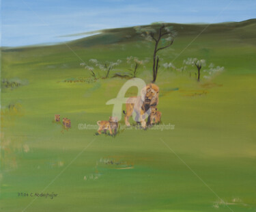 Painting titled "Löwenfamilie" by Luethi Alias Abdelghafar, Original Artwork, Oil Mounted on Wood Stretcher frame