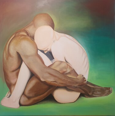 Painting titled "Abrazo" by Lacasa, Original Artwork, Oil Mounted on Wood Stretcher frame