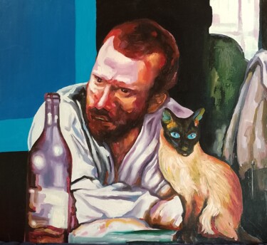 Painting titled "Bohemio y el gato" by Luis Antonio Garcés, Original Artwork, Oil