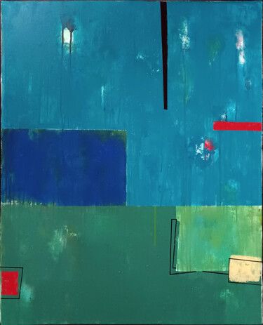 Картина под названием "Green and blue comp…" - Luis Medina, Подлинное произведение искусства, Акрил Установлен на Деревянная…