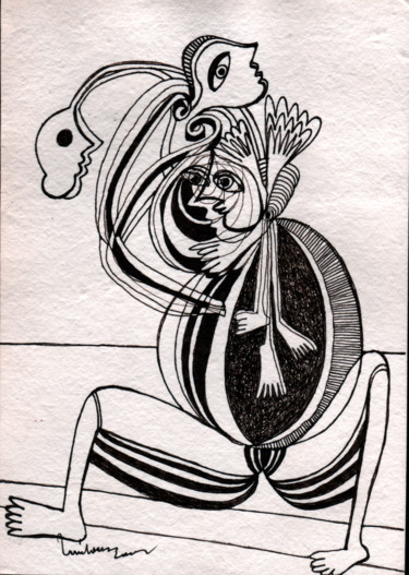 Drawing titled "Figura e espíritos" by Luís Soares, Original Artwork, Ink