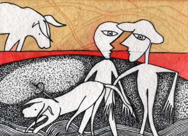 Tekening getiteld "Figuras com touros" door Luís Soares, Origineel Kunstwerk, Inkt