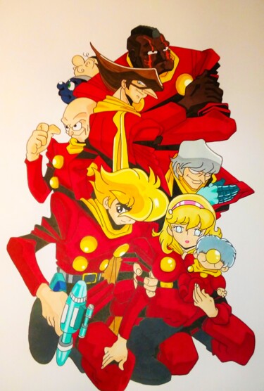 Drawing titled "Cyborg-009" by Luka Skore, Original Artwork, Marker Mounted on Wood Panel