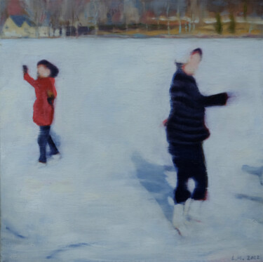 Painting titled "Skaters on frozen p…" by Luke Morgan, Original Artwork, Oil
