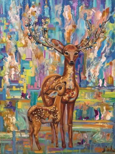 Schilderij getiteld "«Wildlife roe deers”" door Pintor Nicolas, Origineel Kunstwerk, Olie