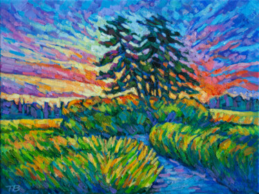Картина под названием "Sunset landscape" - Tao Bai, Подлинное произведение искусства, Масло
