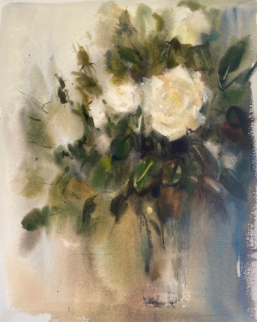 Pintura intitulada "Rosas blancas" por Lydia Cuevas, Obras de arte originais, Aquarela