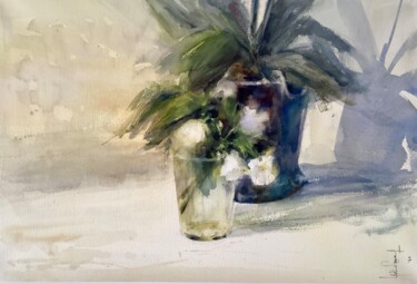 Painting titled "Orquídea y Flores b…" by Lydia Cuevas, Original Artwork, Watercolor