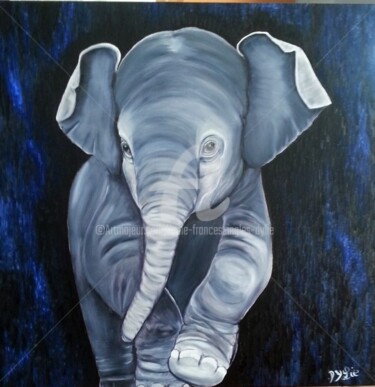 Schilderij getiteld "Elephanteau "l'Orph…" door Lydie Frances-Ingles (dylie), Origineel Kunstwerk, Olie Gemonteerd op Frame…