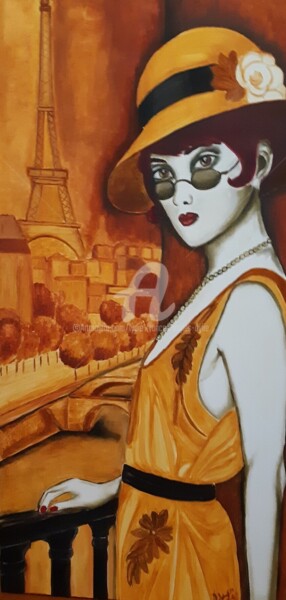 「la jeune parisienne」というタイトルの絵画 Lydie Frances-Ingles (dylie)によって, オリジナルのアートワーク, オイル ウッドストレッチャーフレームにマウント