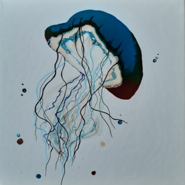 Schilderij getiteld "Méduse sur fond bla…" door Lydie Trichet, Origineel Kunstwerk, Gebrandschilderd glas Gemonteerd op Fram…