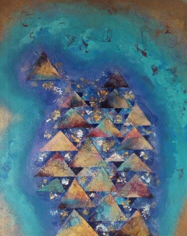 Collagen mit dem Titel "Triangles on turquo…" von Lynda Rosemarie Stevens, Original-Kunstwerk, Collagen