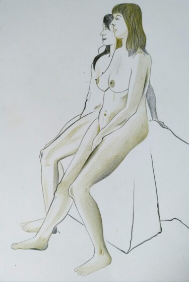 Rysunek zatytułowany „Two models, sitting” autorstwa Lynda Rosemarie Stevens, Oryginalna praca, Ołówek