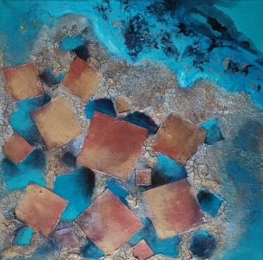 Collages intitulée "Squares on Blue Sur…" par Lynda Rosemarie Stevens, Œuvre d'art originale, Collages