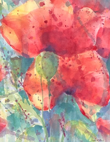 Schilderij getiteld "2 Mohnblüten" door Lyndwoorm, Origineel Kunstwerk, Aquarel