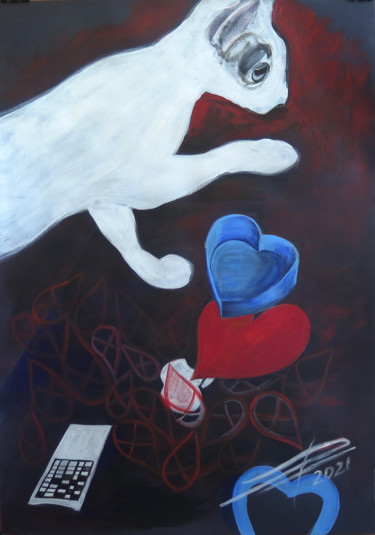 Painting titled "White cat reveals t…" by Lyudmila Chupina, Original Artwork, Acrylic