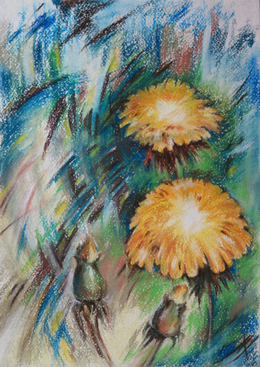 Painting titled "Dandelions bloomed" by Lyudmila Chupina, Original Artwork, Pastel